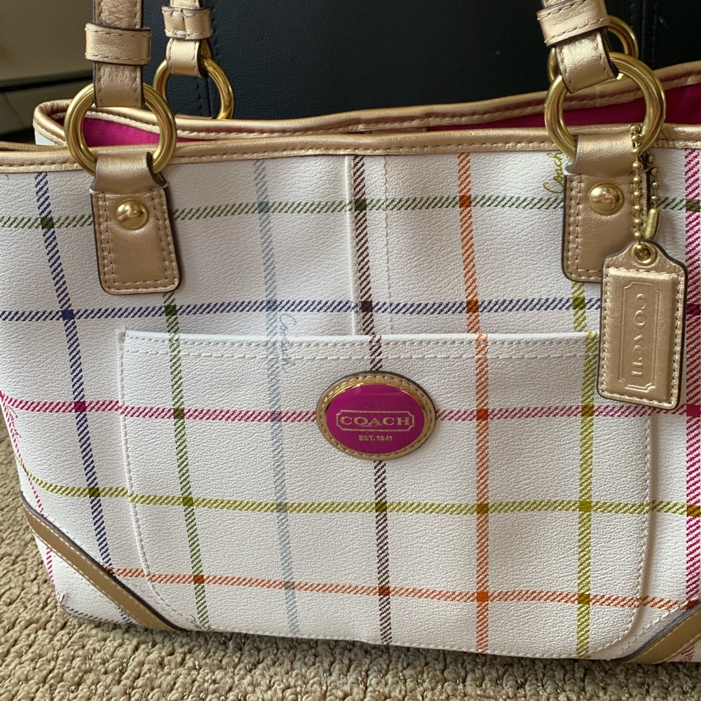 White plaid Coach bag